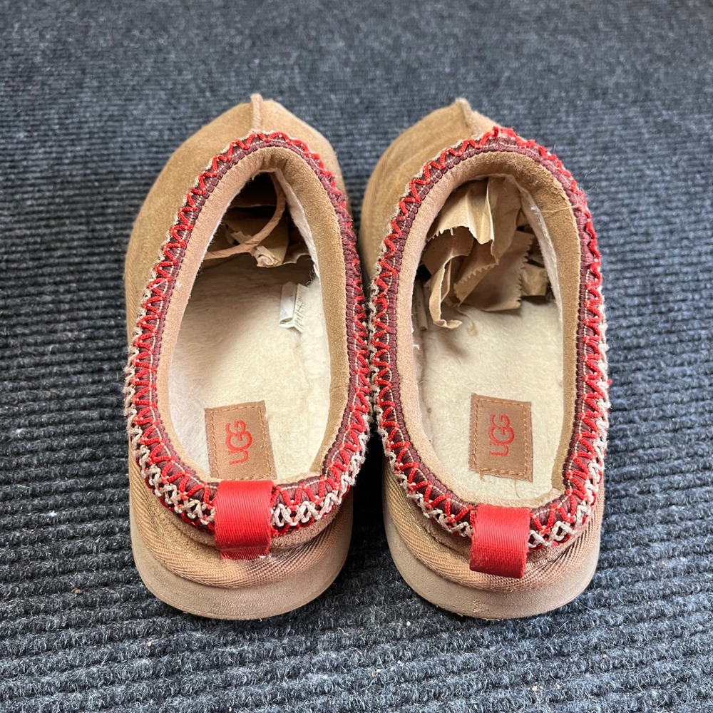 UGG Tasman Slipper Youth 4 Chestnut Suede Embroidered Braid Sheepskin Lining - Picture 3 of 9